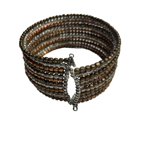 Handmade Beaded Cuff Bracelet Tri Color Stretch Boho Costume Jewelry Gift u - Picture 6 of 6